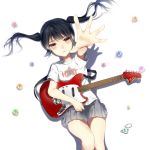  black_hair brown_eyes foreshortening gem guitar instrument k-on! long_hair lying nakano_azusa outstretched_arm outstretched_hand pleated_skirt reaching shiranori shirt skirt tears twintails 