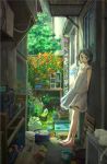  book bottle brown_hair cat com_kom dress flower hair_ornament hairclip holding indoors leaning leaning_back original plant potted_plant ramune sandals short_hair solo standing 