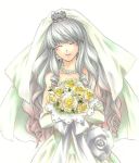  bride crossdressinging dress elbow_gloves flower genderswap gloves grey_hair hayase_(kinunu) long_hair narukami_yuu persona persona_4 seta_souji trap veil wedding_dress 