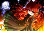  animal_ears cat_ears extra_ears fang fire floating_skull hair_down highres inyu inyucchi kaenbyou_rin looking_at_viewer pointy_ears red_eyes red_hair skull touhou wheelbarrow 