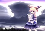 blonde_hair bow chain chipika cloud clouds gourd hair_bow highres horns ibuki_suika long_hair looking_back ofuda open_mouth ponytail ribbon solo touhou waving yellow_eyes 