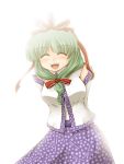 akatuki_(yamina) bow closed_eyes cosplay detached_sleeves front_ponytail green_hair hair_bow hair_ribbon kagiyama_hina kochiya_sanae kochiya_sanae_(cosplay) long_hair open_mouth ribbon skirt smile solo touhou tri-k_soft