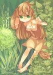  animal_ears bad_id barefoot breasts brown_hair ck cleavage green_eyes long_hair nature skirt solo tail 