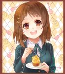  brown_hair cupcake fork head_tilt highres hirasawa_yui k-on! palepale saucer school_uniform short_hair 