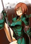  armor green_eyes highres nekotama1987 polearm red_hair redhead short_hair sitting spear tiara valkyrie_profile weapon 