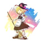  apron bad_id blonde_hair bow braid broom buttons dress hachi_(8bit_canvas) hair_bow hair_ribbon hand_on_hip hat highres kirisame_marisa mary_janes open_mouth ribbon shoes short_hair socks solo star touhou witch_hat yellow_eyes 