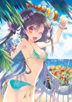  ass beach bikini black_hair corn cu-rim drink fang food grill grilling hair_ornament kebab long_hair looking_back open_mouth orange_eyes original salad side-tie_bikini side_ponytail smile solo strap_gap swimsuit very_long_hair wink 