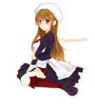  breasts brown_hair cosplay dress frills hat highres kneeling large_breasts long_hair mammon manon na_(pixiv87988) pleated_skirt red_eyes shannon shannon_(cosplay) skirt solo stakes_of_purgatory umineko_no_naku_koro_ni 