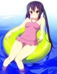  /cops black_hair blush brown_eyes casual_one-piece_swimsuit erect_nipples innertube k-on! kyoku_tou long_hair nakano_azusa one-piece_swimsuit smile solo swimsuit twintails water 