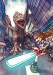  brown_eyes brown_hair building chainsaw city destruction dragon highres nikerabi open_mouth pixiv_festa ponytail road torn_clothes 