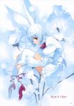  alice_in_wonderland animal_ears ankle_lace-up bunny_ears cross-laced_footwear flower highres long_sleeves march_hare rabbit_ears red_eyes scan short_hair skirt solo thigh-highs thighhighs ueda_ryou 