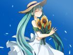  aqua_hair dress flower happy_birthday hat hatsune_miku long_hair smile solo sunflower tama_(songe) twintails very_long_hair vocaloid white_dress 