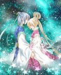  1girl black_hair blonde_hair chinese_clothes couple hair_rings hanfu hikoboshi holding_hands mamiya_(cool-ribon) original orihime star tanabata 