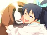  antenna_hair black_hair blue_eyes bow dog ganaha_hibiki hair_bow hug idolmaster inumi licking ponytail shimoigusa smile tears tongue wince wink yellow_eyes 