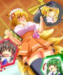  archienemy blonde_hair breasts brown_hair fox_ears fox_tail frog green_hair grin hakurei_reimu huge_breasts iyuuki kirisame_marisa kochiya_sanae long_hair multiple_tails short_hair smile tail thigh-highs thighhighs touhou tray waitress yakumo_ran yellow_eyes 