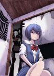  annoyed artist_request ayanami_rei blue_hair doorway from_below gainax gainaxtop leliel neon_genesis_evangelion oshikiri_rensuke poster poster_(object) red_eyes sachiel short_hair sitting 