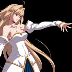  archetype_earth arcueid_brunestud bad_id bare_shoulders blonde_hair breasts cleavage detached_sleeves dress long_hair melty_blood outstretched_arm outstretched_hand red_eyes simple_background solo strapless_dress takeuchi_takashi tsukihime type-moon very_long_hair 