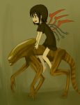  alien_(movie) artist_request asymmetrical_wings black_hair brown_eyes claws crossover dress happy highres houjuu_nue open_mouth riding tail touhou wings xenomorph 
