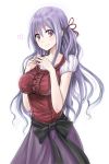  atelier_(series) atelier_totori breasts dress gust kamoto_tatsuya large_breasts long_hair mole pamela_ibiss purple_dress purple_eyes purple_hair side_ponytail smile solo violet_eyes white_background 