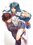  1girl ass ass_grab blue_eyes blue_hair bow brown_eyes brown_hair carrying chidori_kaname couple full_metal_panic! hair_bow hair_ribbon highres long_hair male open_mouth ribbon sagara_sousuke school_uniform skirt tenkuu_sphere 