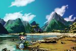  3speed blue_hair closed_eyes cloud clouds cucumber eating feet_in_water hat kawashiro_nitori mountain river riverbank short_hair sitting sky soaking_feet solo touhou tree twintails water 