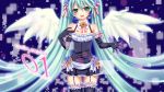  blue_eyes blue_hair detached_sleeves dress flower gloves hatsune_miku highres long_hair solo thighhighs twintails very_long_hair vocaloid wings yayoi_(egoistic_realism) 