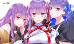  3girls bare_shoulders bb_(fate/extra_ccc) belt_collar black_coat blue_eyes blue_ribbon breasts closed_mouth commentary_request copyright_name evil_grin evil_smile fate/extra fate/extra_ccc fate_(series) gloves grin hair_ribbon holding holding_wand ichinosenen juliet_sleeves large_breasts light_frown lips long_hair long_sleeves meltlilith multiple_girls neck_ribbon o-ring o-ring_top parted_lips passion_lip pink_eyes pink_ribbon puffy_sleeves purple_hair red_ribbon ribbon simple_background sleeves_past_wrists small_breasts smile upper_body violet_eyes wand white_background white_gloves 