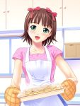  brown_hair cake food green_eyes idolmaster jiyuuyuu oven_mitts pot_holders ribbon short_hair tray 