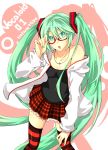  absurdres glasses green_eyes green_hair hatsune_miku highres jewelry kocchi_muite_baby_(vocaloid) long_hair nasuko necklace open_mouth project_diva project_diva_2nd skirt solo striped striped_legwear striped_thighhighs thigh-highs thighhighs twintails very_long_hair vocaloid 