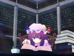 1girl book bookshelf chair crescent cup hat library patchouli_knowledge purple_eyes purple_hair reading solo touhou voile 