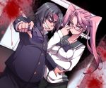  adjusting_glasses blood bon_(moegomi) dutch_angle glasses gun gunpoint handgun highres highschool_of_the_dead hirano_kohta long_hair pink_hair pov_aiming school_uniform serafuku takagi_saya twintails weapon 