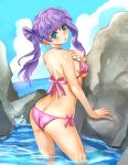  bikini butt_crack green_eyes long_hair looking_back original purple_hair rock solo submerged suoni_(deeperocean) swimsuit twintails 