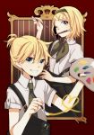  blonde_hair blue_eyes brother_and_sister frame grin hair_ornament hairband hairclip heart kagamine_len kagamine_rin mouth_hold necktie paintbrush painting palette ponytail short_hair short_ponytail siblings smile tama_(songe) twins vocaloid wink 
