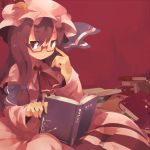  book capelet crescent crescent_moon glaring glasses govurin hands hat long_hair open_book patchouli_knowledge purple_eyes purple_hair reading sitting touhou violet_eyes 