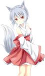  bare_shoulders blue_hair blush detached_sleeves fox_ears fox_tail gingami japanese_clothes nagomi_no_ame original red_eyes sleeves_past_wrists smile solo tail transparent_background 