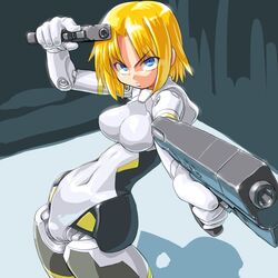  blonde_hair blue_eyes busou_shinki dd_(artist) doll_joints gun mecha_musume pov_aiming short_hair simple_background solo weapon 