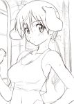  bare_shoulders blush dog_ears dumbell exercise gertrud_barkhorn gochou_(kedama) hand_on_hip looking_back midriff monochrome navel sketch strike_witches sweat tank_top twintails 