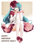  aqua_hair bow choker dress elbow_gloves flower gift gloves hair_bow hair_flower hair_ornament hatsune_miku holding holding_gift legs long_hair shimoe sitting smile thigh-highs thighhighs twintails very_long_hair vocaloid 