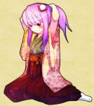  blush flower hair_ornament hieda_no_akyuu japanese_clothes miranko purple_hair red_eyes short_hair smile touhou 