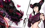  bayonetta_(character) black_hair blossomppg capcom crossover dragon elbow_gloves fingerless_gloves gloves gomorrah_(bayonetta) han_juri heart horns lips long_hair navel pink_eyes size_difference street_fighter street_fighter_iv sweatdrop very_long_hair wink 