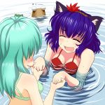  blood blue_hair blush breasts cat_ears commentary green_hair hair_ornament hairpin holding_hands ishikkoro kemonomimi_mode kochiya_sanae multiple_girls nosebleed pyonta squinting swimsuit touhou water yasaka_kanako you_gonna_get_raped 