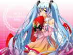  blue_hair blush bracelet fingerless_gloves food fruit gloves gradient_hair hatsune_miku holding holding_fruit jewelry long_hair multicolored_hair open_mouth sakuragi_ren strawberry twintails very_long_hair vocaloid 