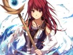  arm_warmers facial_mark hair_ornament jewelry long_hair magic markings necklace nuriko-kun original red_eyes red_hair redhead solo staff torn_clothes water weapon 