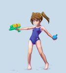  brown_eyes brown_hair legs long_hair one-piece_swimsuit original school_swimsuit solo sorakitsune_suikyou swimsuit tan tanline twintails water_balloon water_gun 