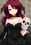  bare_shoulders breasts cleavage dress fang green_eyes head_wings ika long_hair original red_hair redhead skull smile solo 