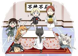  animal_ears apron charlotte_e_yeager chibi controller eila_ilmatar_juutilainen erica_hartmann fork francesca_lucchini gertrud_barkhorn hits kotatsu minna-dietlinde_wilcke potato remote_control sakamoto_mio sanya_v_litvyak sleeping strike_witches table tail 