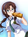  bad_id blush bottle brown_hair drinking evangelion:_2.0_you_can_(not)_advance glasses hairband highres lcl makinami_mari_illustrious necktie neon_genesis_evangelion rebuild_of_evangelion tsuda_akira twintails 