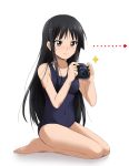  akiyama_mio arrow bare_shoulders barefoot black_eyes black_hair breasts camera clothed_navel directional_arrow frown k-on! kaiga kneeling long_hair navel one-piece_swimsuit school_swimsuit seiza sitting solo swimsuit 