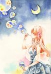  bubble_blowing cup dress flower hair_flower hair_ornament iinuma_chika jewelry necklace original pink_rose rose shawl solo star topo_smarrita traditional_media watercolor_(medium) wine_glass 