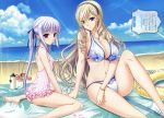  2girls absurdres bangle barefoot beach bikini blue_eyes blue_sky breasts casual_one-piece_swimsuit celia_kumani_entory closed_mouth cloud clouds cross drill_hair floral_print hair_ribbon hairband halterneck highres komori_kei large_breasts legs long_hair multiple_girls nail_polish one-piece_swimsuit outdoors purple_eyes ribbon risa_eostole sitting sky sunbeam sunlight swimsuit twin_drills twintails violet_eyes walkure_romanze wariza 